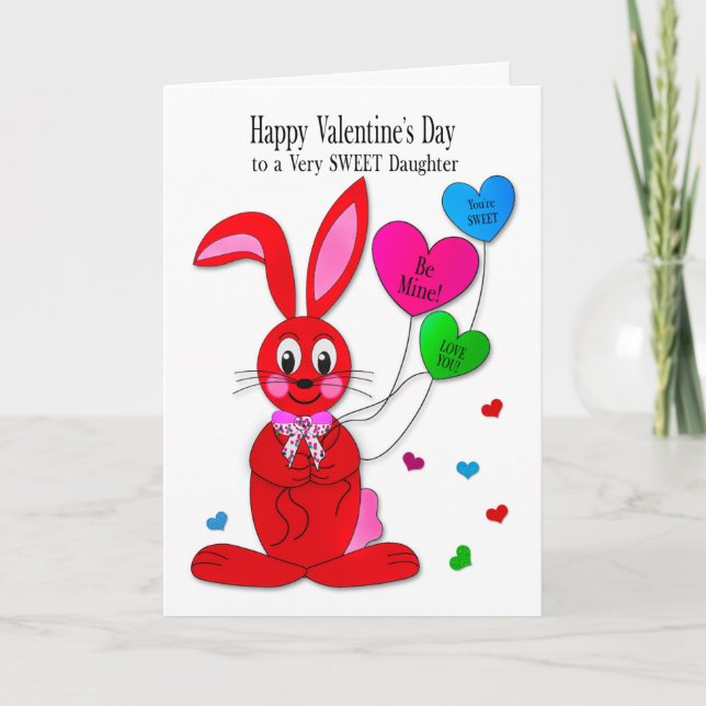 Valentines  daughter Red Bunny Heart Balloons Card (Front)