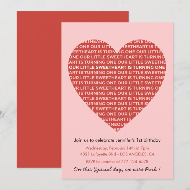 Valentines day 1st birthday invitations Big Heart (Front/Back)