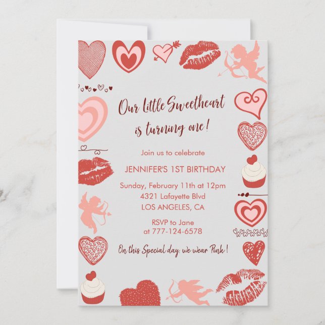 Valentines day 1st birthday Pink Red Grey  Invitation (Front)
