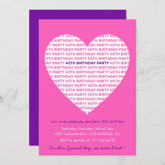 Valentines day 40th birthday invitations Big heart (Front/Back)