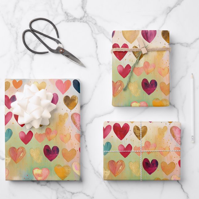 Valentine's Day Abstract Hearts Red Pink Teal Gold Wrapping Paper Sheet (Front)