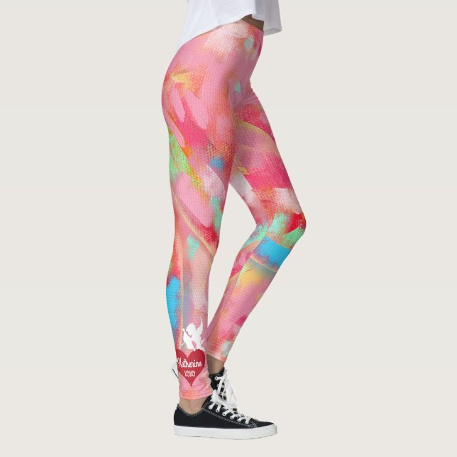 Valentine's Day Add Name Cupid Heart Pink Red Leggings (Right)