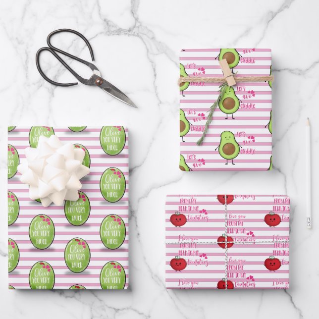 valentines day avocado tomato and olive you love wrapping paper sheet (Front)