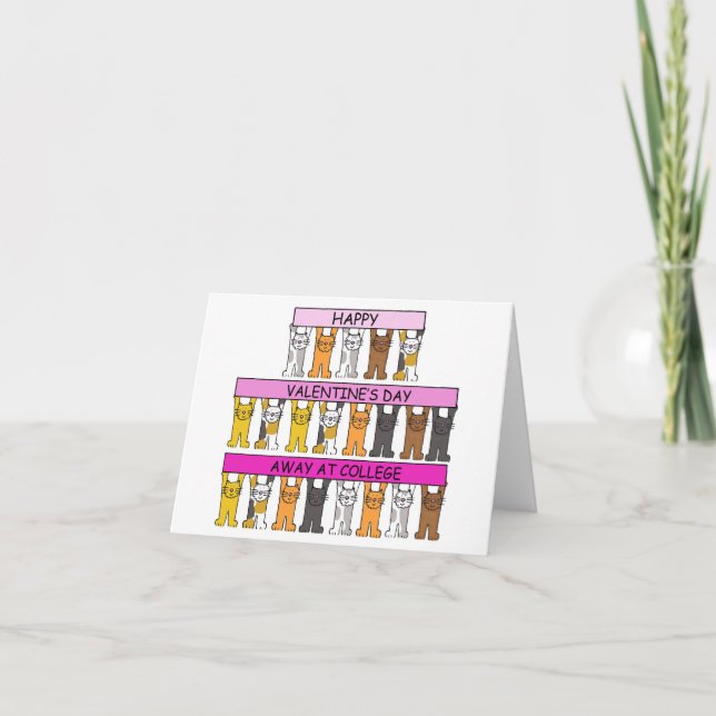 Valentine's Day away at College Cartoon Cats Card (Front)