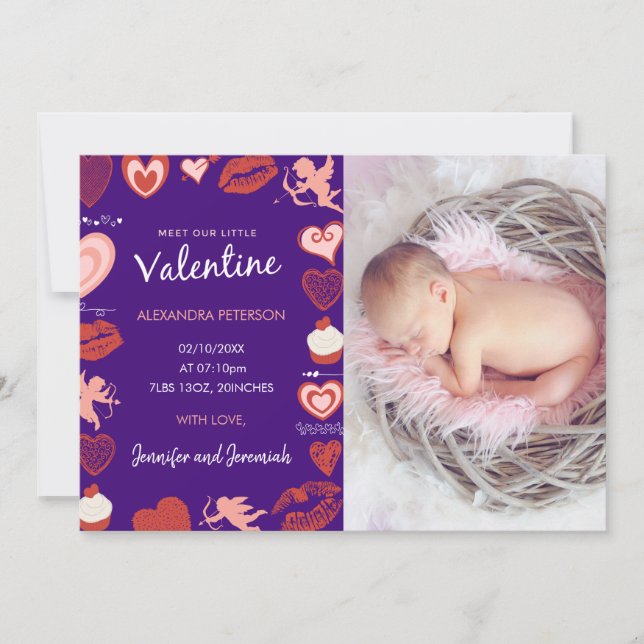 Valentines day baby announcement purple cupids (Front)