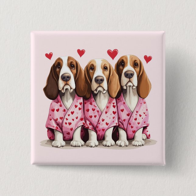 Valentines Day Basset Hound Dogs 2 Inch Square Button (Front)
