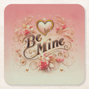 Valentine's Day Be Mine Design with Heart, Quote Square Paper Coaster