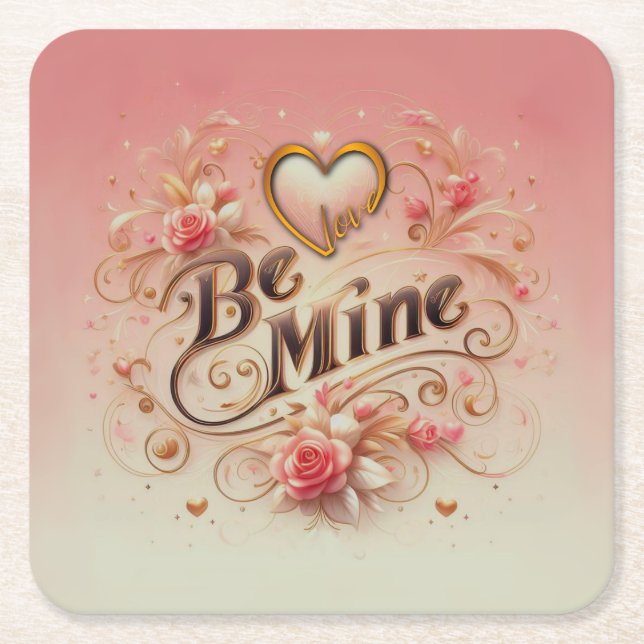 Valentine's Day Be Mine Design with Heart, Quote Square Paper Coaster (Front)