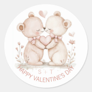 Valentine's Day Bear Couple Custom Initials Classic Round Sticker