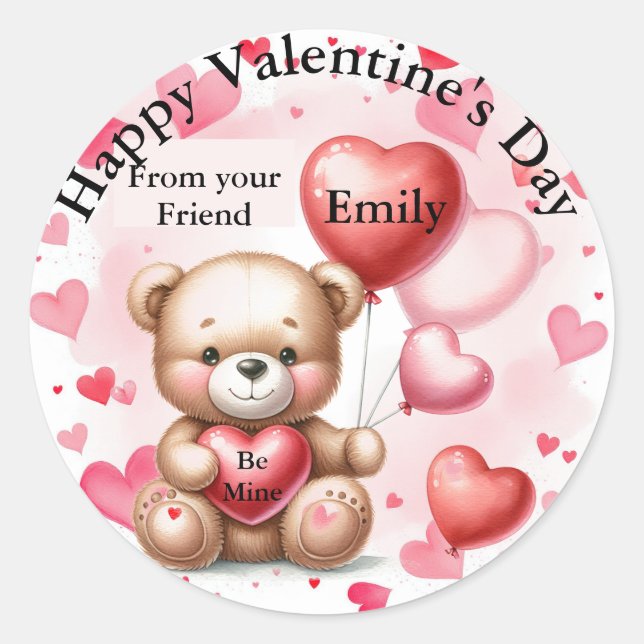 Valentine's Day Bear Hearts Add Your Name & Text Classic Round Sticker (Front)