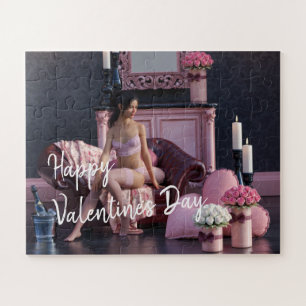 Valentine's Day Beauty in Lingerie on the Couch Jigsaw Puzzle