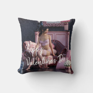 Valentine's Day Beauty in Lingerie on the Couch Throw Pillow