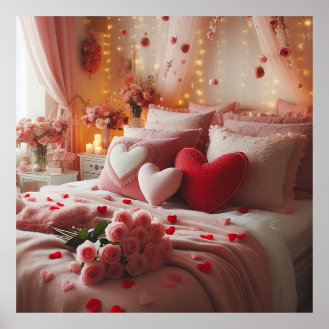 Valentine's Day Bedroom Decorated With Hearts on a Poster (Front)