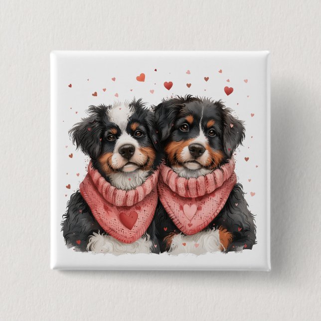 Valentines Day Bernese Mountain Dogs 2 Inch Square Button (Front)