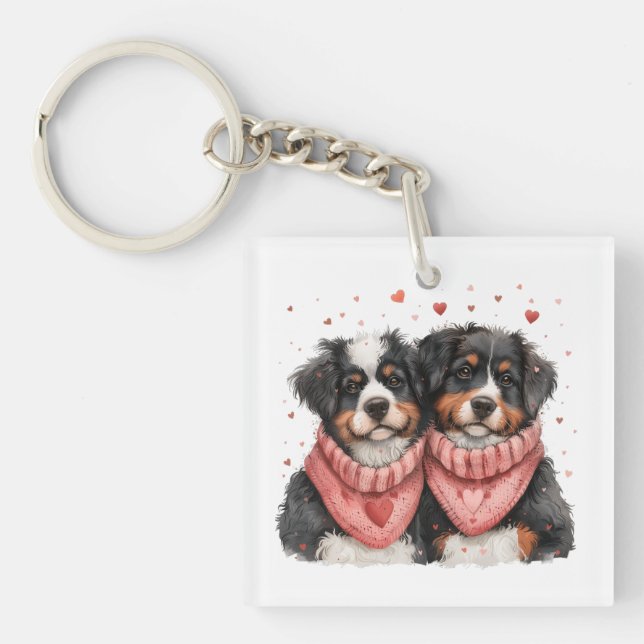 Valentines Day Bernese Mountain Dogs Keychain (Front)