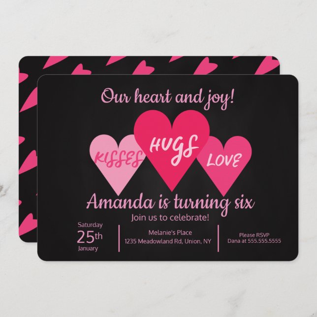 Valentines Day Birthday Party Hearts Chalkboard Invitation (Front/Back)