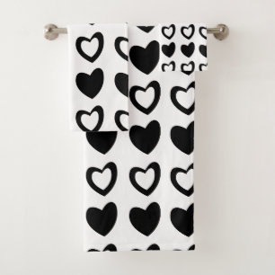 Valentines Day Black and White Hearts Pattern Bath Towel Set