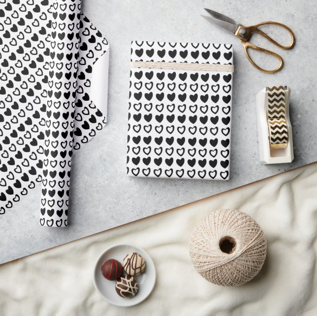 Valentines Day Black and White Hearts Pattern Wrapping Paper (Crafts)
