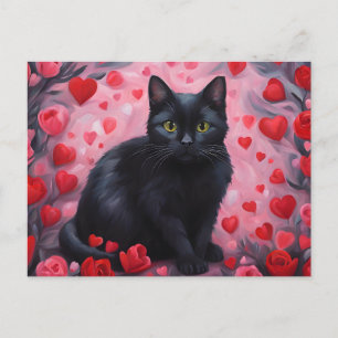 Valentine's Day Black Cat with Hearts and Roses Holiday Postcard