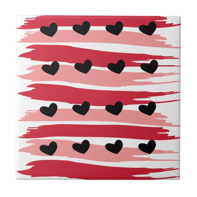 Valentines Day Black Hearts Red Pink Stripes Tile (Front)
