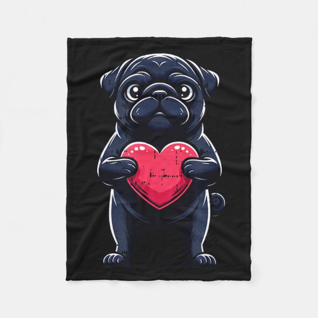Valentines Day Black Pug Heart Funny Dog Mom Dad F Fleece Blanket (Front)