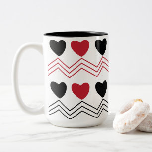 Valentines Day Black Red Hearts Chevron Stripe Two-Tone Coffee Mug