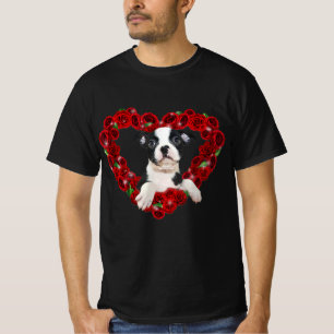 Valentines Day Boston Terrier Heart Roses Gift Dog T-Shirt