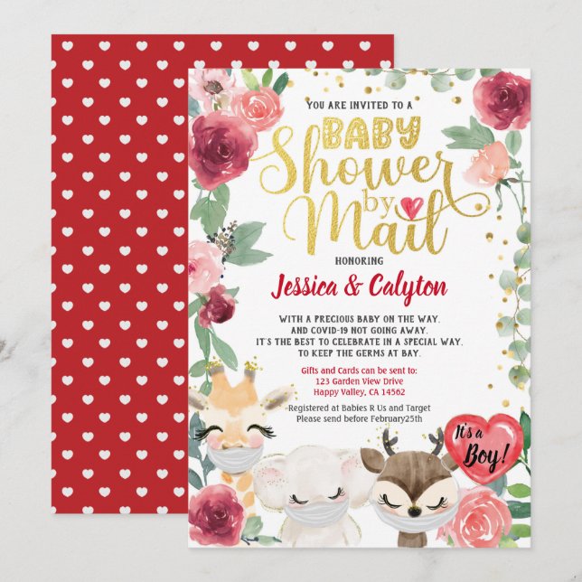 Valentines Day Boy Baby Shower By Mail Red Rose Invitation (Front/Back)