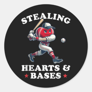 Valentines Day Boys Baseball Player Stealing Heart Classic Round Sticker