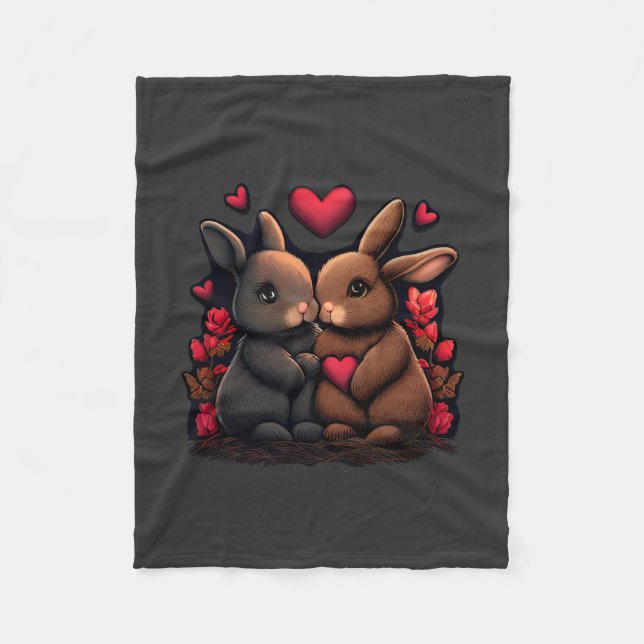 Valentine's Day Bunny Bliss, Love Hearts and Roses Fleece Blanket (Front)