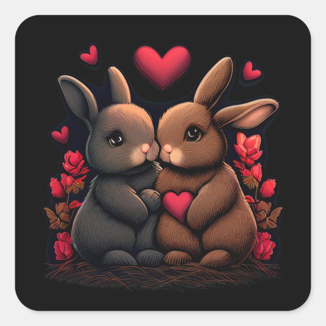 Valentine's Day Bunny Bliss, Love Hearts and Roses Square Sticker (Front)