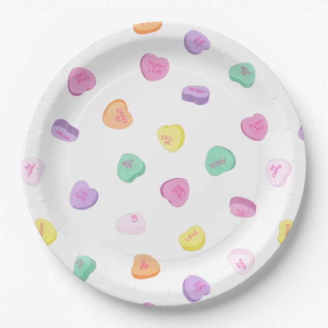 Valentines Day Candy Hearts Pattern Round Pillow Paper Plate (Front)