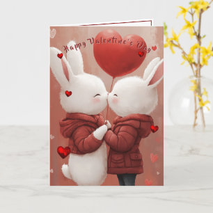 Valentine's Day Card Bunnies Red Hearts