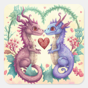 Valentines Day Card of Violet Dragon Couple Square Sticker