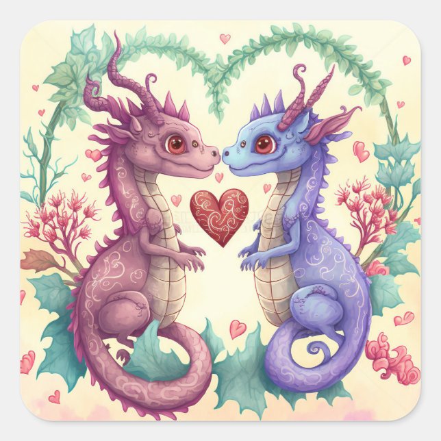 Valentines Day Card of Violet Dragon Couple Square Sticker (Front)