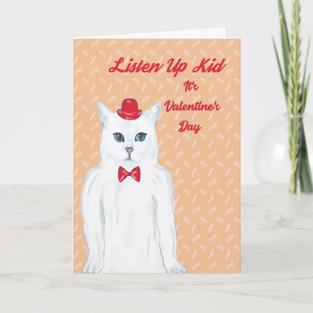 Valentine's Day Card White Cat, Hat, Bow Tie (Front)