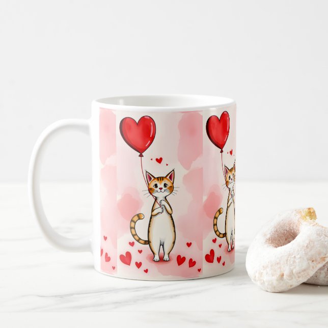 Valentine's Day Cat Red Hearts Mugs (With Donut)