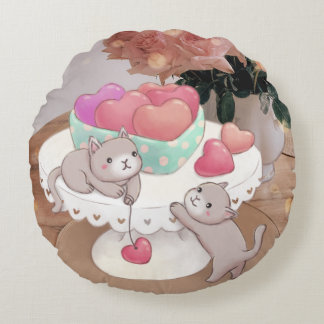 Valentine's Day: Cats, Heart Cookies & Flowers Round Pillow