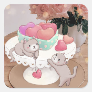 Valentine's Day: Cats, Heart Cookies & Flowers Square Sticker