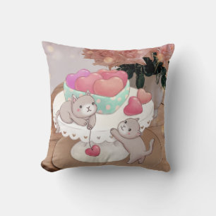 Valentine's Day: Cats, Heart Cookies & Flowers Throw Pillow