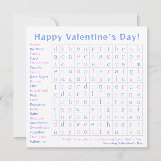 Valentine's Day Celebration Word Game Pink, Blue Holiday Card (Front)