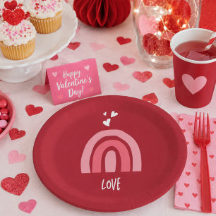 Valentine's Day Cheerful Red Pink Rainbow Hearts Paper Plate