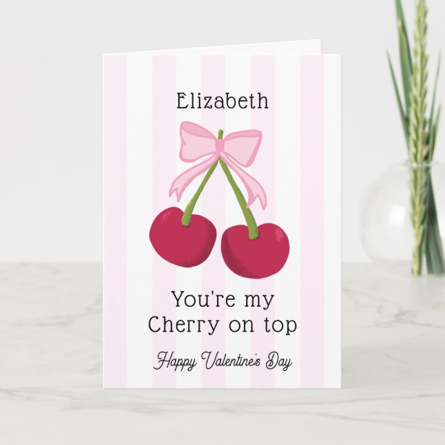 Valentine's Day Cherry on Top Coquette Stripes Card (Front)