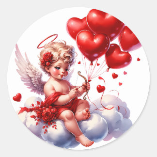 Valentine's Day Cherub Heart Red White Classic Round Sticker