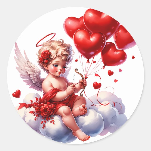 Valentine's Day Cherub Heart Red White Classic Round Sticker (Front)