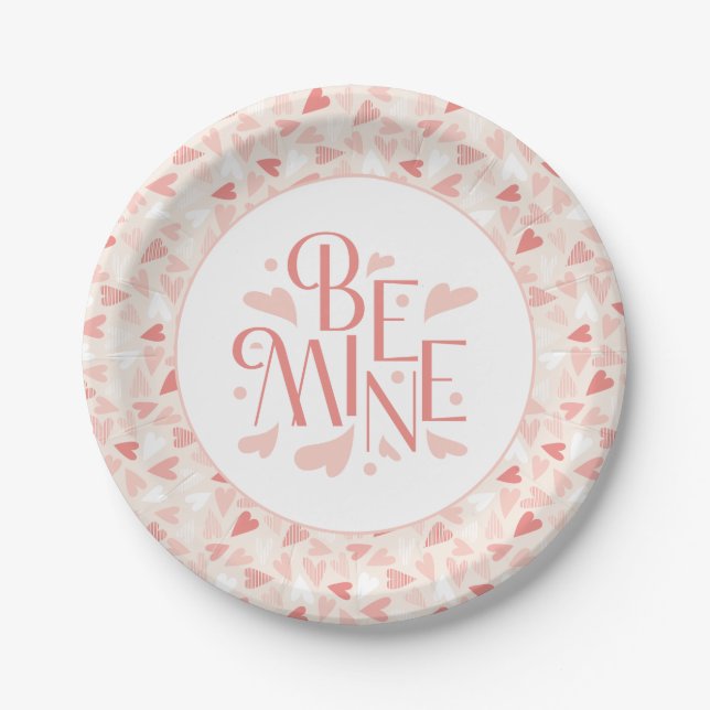 Valentines Day Chic Pink Hearts Be Mine Party Paper Plate (Front)