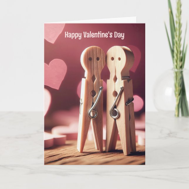 Valentine's Day Clothespin Couple With Hearts Holiday Card (Front)