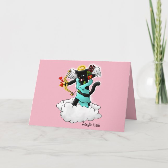 Valentine's Day Coal Black Cupid Cat Holiday Card (Front)
