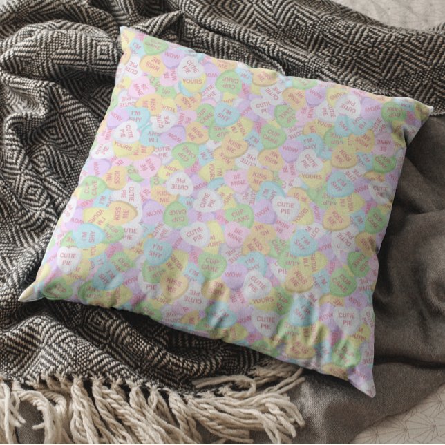 Valentine's Day Conversation Candy Heart Pattern Throw Pillow (Creator Uploaded)