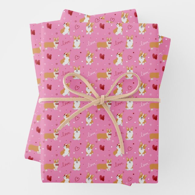Valentine's Day Corgi Pattern Wrapping Paper Sheet (In situ)